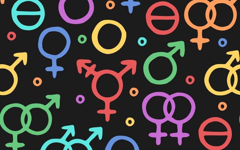 Vector seamless pattern with symbols of genders and sexual orientation. Hand drawn design for wrappings, textile, wallpaper and backgrounds.