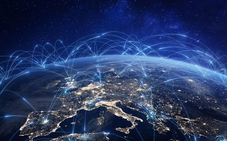 Communication technology with global internet network connected in Europe. Telecommunication and data transfer european connection links. IoT, finance, business, blockchain, security.