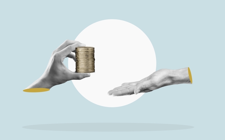 Big businessman hand give money coins
