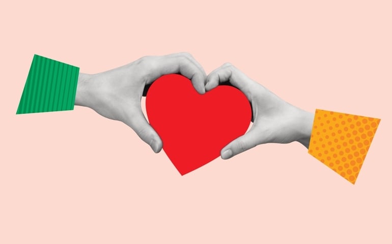 Contemporary art collage of human hands holding a heart. Modern design. Holidays and love concepts. Women's Day, Valentine's Day. Greeting card. Copy space.