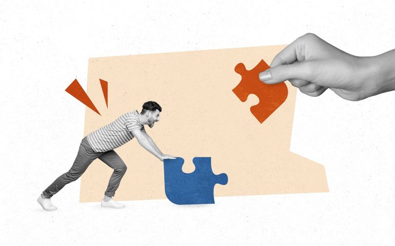 Collage photo of funny active hard pushing guy puzzle decision solve problems genius idea match elements together isolated on beige background
