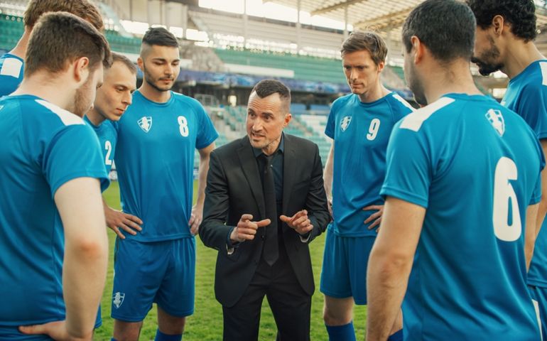 Professional Soccer Team Training, Tactical Coaching: Football Coach Explains Game Strategy, Develop Workout Plan Trainer Motivates Athletes, Leads to Victory, Preparing For Championship