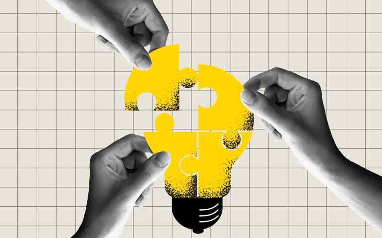 Team metaphor. people connecting puzzle elements of a bulb symbolizing creative idea. Vector illustration collage design style. Symbol of teamwork, cooperation, partnership.