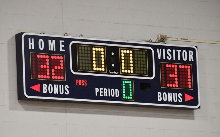 Numbers on a scoreboard on the wall of a gym