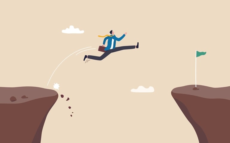 Take risk for opportunity to success, risky decision, determination or courage to overcome challenge concept, brave businessman winner jump over the cliff gap to reach success flag on other side.