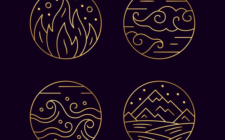 Four elements of nature thin line symbols set. Water, fire, earth, air golden signs vector illustration on dark blue background