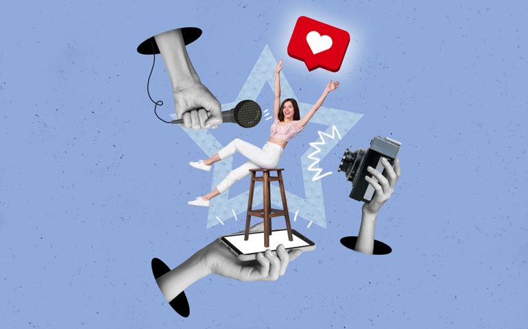 Creative 3d drawing collage artwork sketch illustration of funny happy girl actress answer question telling her successful popular life