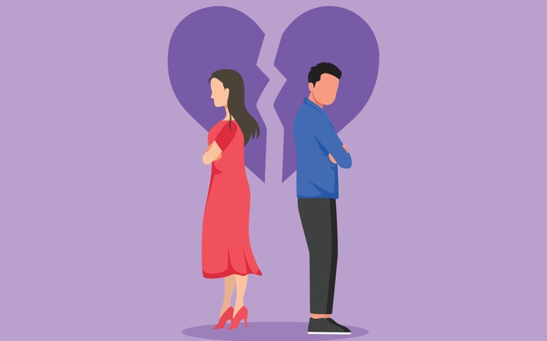 Cartoon flat style drawing unhappy young couple standing arms crossed. Family conflict. Break up relationship. Married man and woman angry, sad against broken heart.