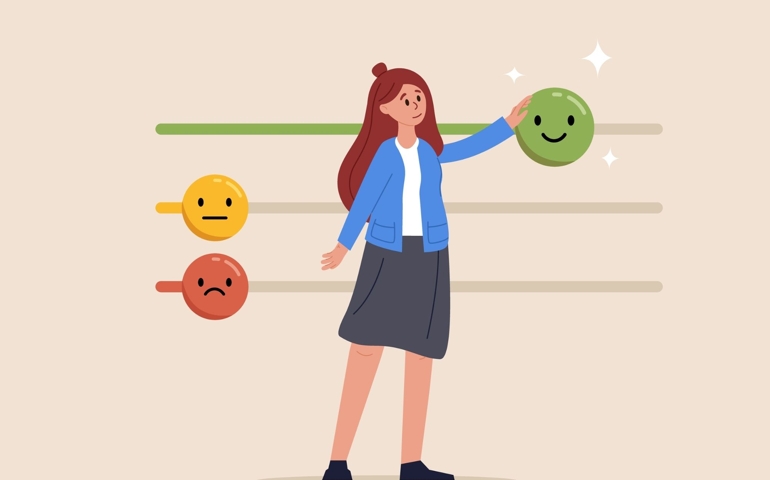 Control panel or slider bar for feeling or emotion. Control your emotions, businesswoman moves slider bar emotions in direction of good mood. Happiness, indifference or anger.
