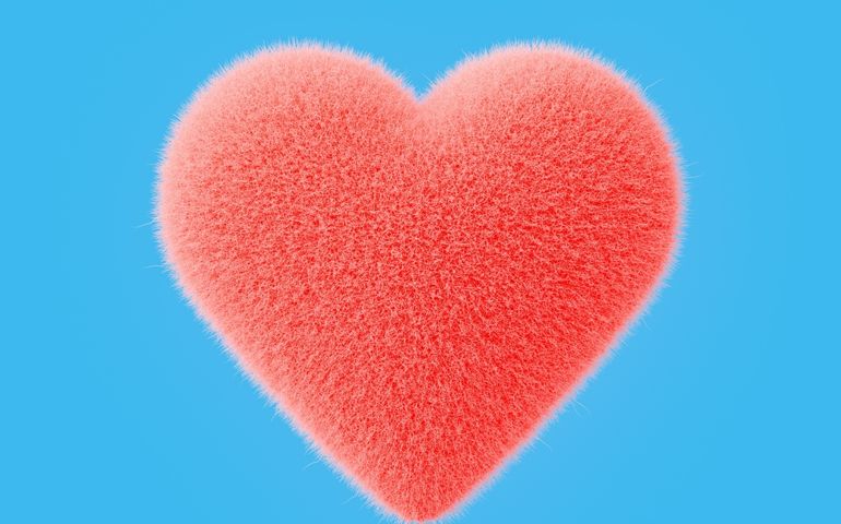 Soft fluff red heart symbol on a blue isolated background. 3d rendering