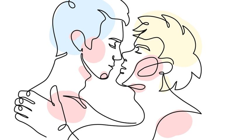 Men in love kiss. Hand drawn couple line art. Man kiss, two gays. Couple lovers continuous outline drawing. LGBT concept. Aesthetics of minimalism. Vector illustration.