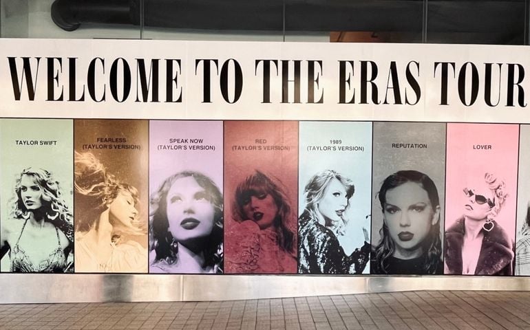 Discover Taylor Swift's promotional banner for the Eras Tour Australia, showcased near Universal Music Studio in Sydney.