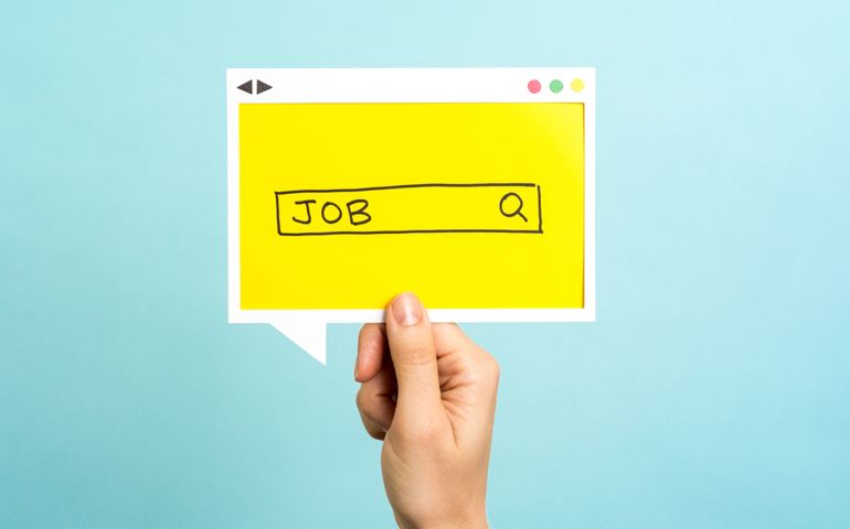 People searching for a new job. Job search concept on blue background.
