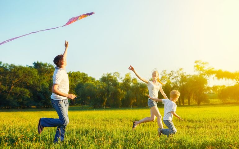 happy family in summer nature. Dad, mom and son child flying a kite