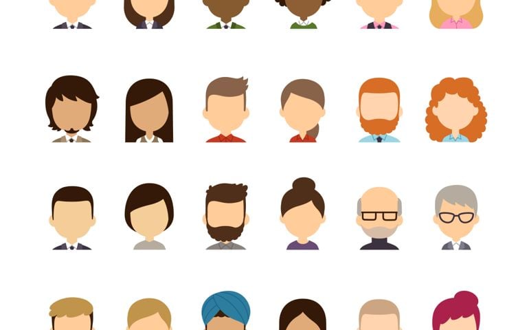 Set of diverse avatars without facial features. Different skin tones, clothes and hair styles. Cute and simple flat cartoon style.