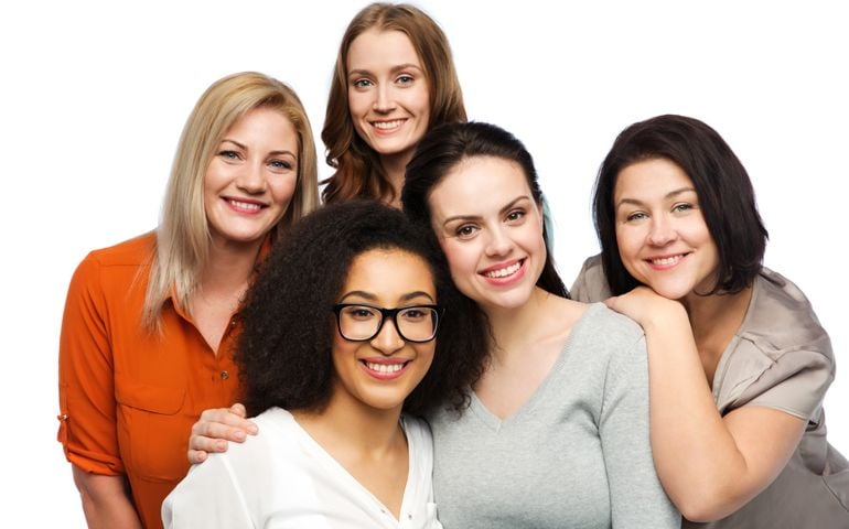 friendship, fashion, body positive, diverse and people concept - group of happy different women in casual clothes