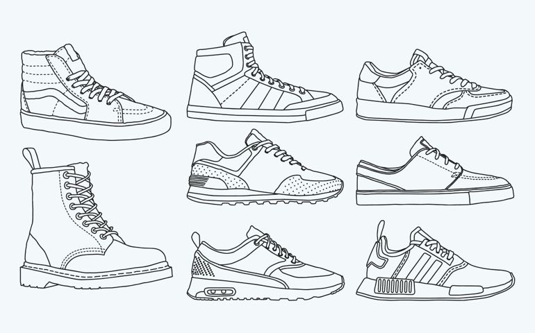 8 COOL shoes, sneakers, vector, sketch, draw set