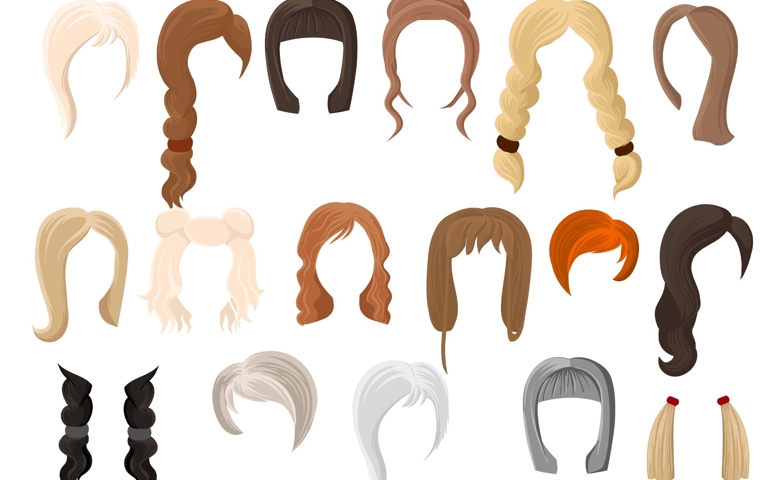 Different colors shades and types of hair. Set of different girl's hairstyle for curly wavy short medium. Hairdresser a new hairstyle new style.
