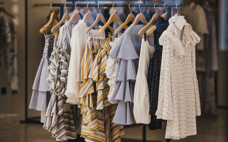 Fashionable clothes in a boutique store in London.