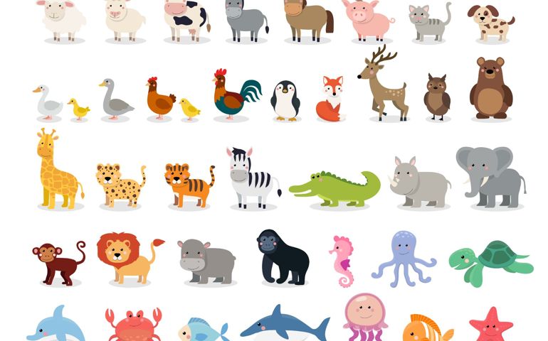 Cute animals collection: farm animals, wild animals, marina animals isolated on white background. Vector illustration design template