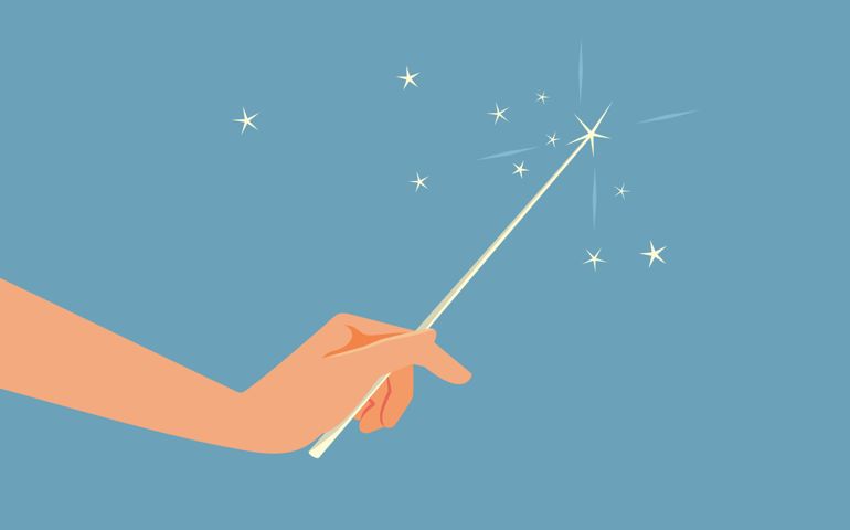 d Holding a Magic Wand Vector Cartoon Illustration. Fairy casting a spell making pixie dust and stars