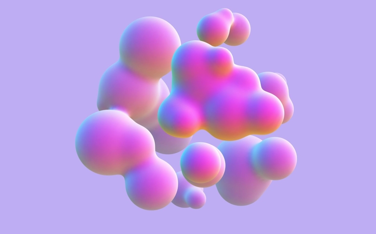 3D abstract liquid bubbles on purple background. Concept of future science: floating morphing spheres, molecular elements or nanoparticles. Fluid pink shapes in motion EPS 10, vector illustration.