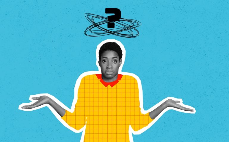 Collage photo of serious woman shrug shoulders no idea question mark dont know solution answer wear painted plaid shirt isolated on blue background