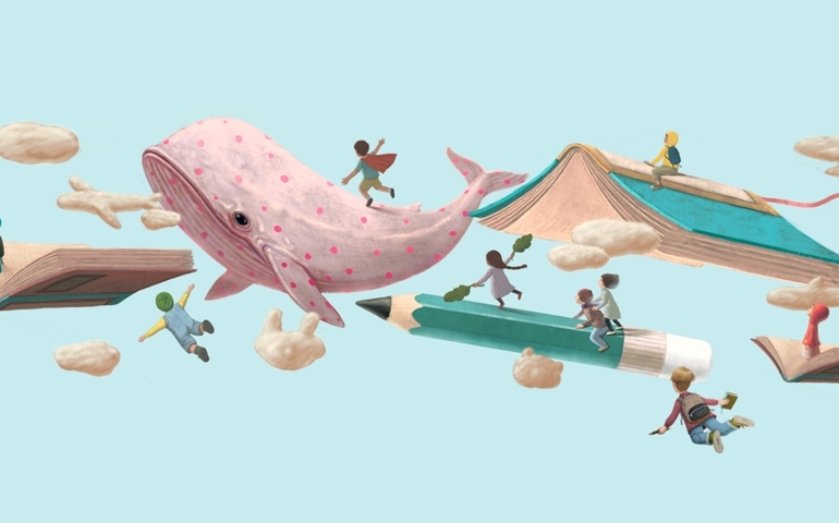 Education learning dream hope inspiration and freedom concept, girl and boy with imagination book. surreal painting. Fantasy art, conceptual artwork, happiness of child , 3d illustration