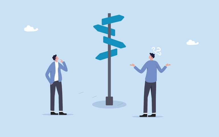 Decision choice, confusion, doubt for opportunity, challenge to choose career path, way to success or tough decision, way to solve problem concept, confused businessman make decision choosing path.
