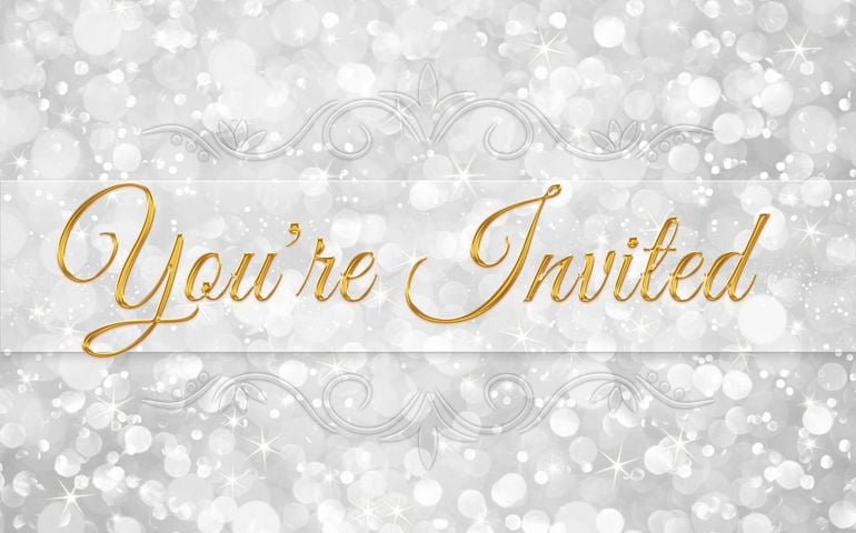 you're invited word on white silver glitter bokeh abstract background