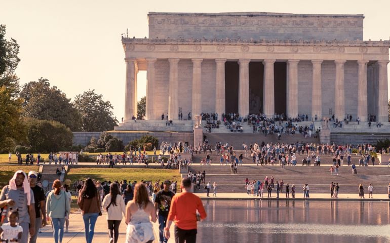 Throngs of tourists in and around the Lincoln Memorial