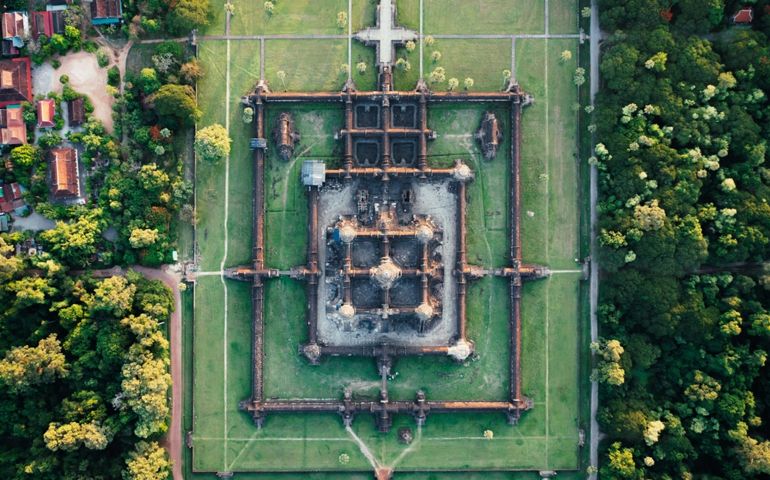 Drone Top view of Angkor Wat temple in Siem Reap, Cambodia
