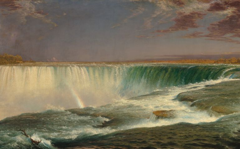Niagara, 1857, Frederic Edwin Church, oil on canvas. In this view of the sweeping expanse of Horseshoe Falls, Church plunges us directly into the rushing water. His detailed painting combines frothing waves and water sheeting over rock surfaces. As one writer described the painting in 1857, “This is Niagara, with the roar left out!”
