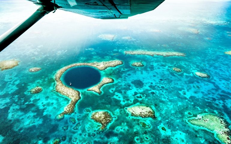 Aerial panoramic view of The Great Blue Hole