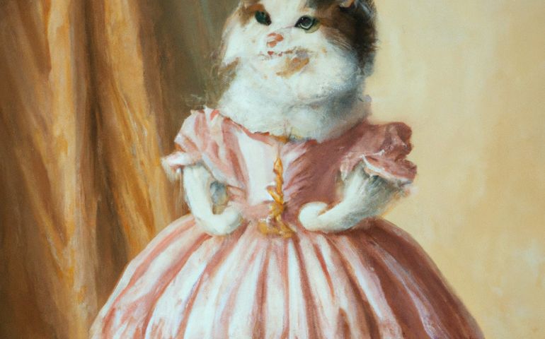 Oil painting artistic image of cat in pink rococo dress