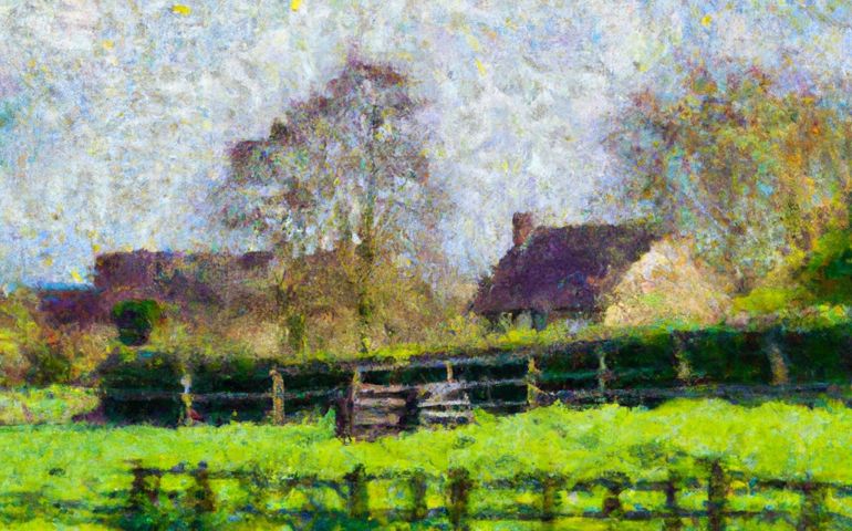 impressionist painting of english countryside with barn and fence and trees