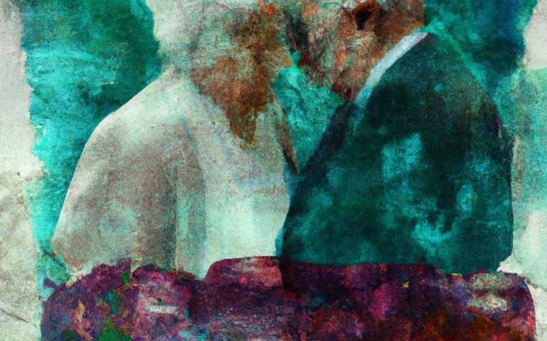 muted colors, collage painting, impressionist, elderly couple, art