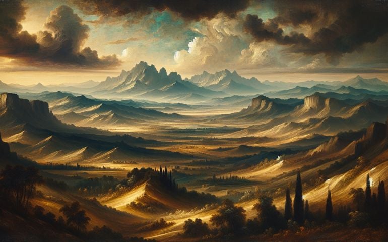 Classical landscape oil painting featuring distant mountains and storm clouds in the style of albert bierstadt and classical dutch painters from 1600-1800, muted colors