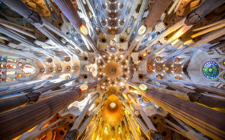 Interior of La Sagrada Familia cathedral, designed by Gaudi