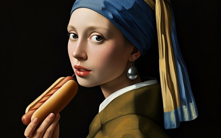 girl with a pearl earring painting eating a hot dog