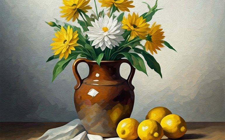 still life oil painting, Renaissance style, vase with flowers, lemons, broad brush strokes, realistic light and shadow, visible texture of oil paint, natural paper color, impressionist influences, thick brush strokes, white canvas background