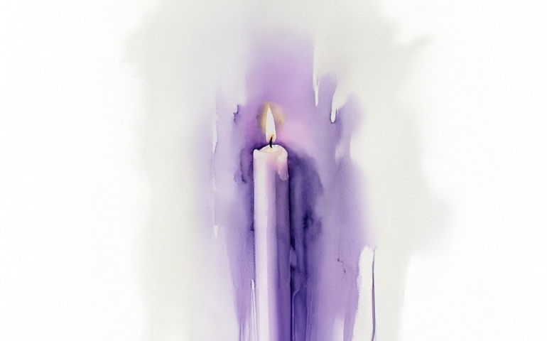 impressionistic watercolor painting of one very tall, thin, lit purple candle on a white background
