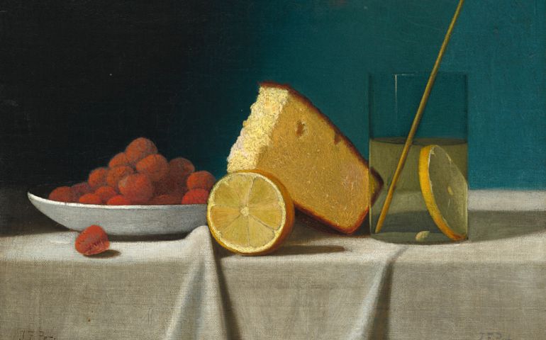 John Frederick Peto, Still Life with Cake, Lemon, Strawberries, and Glass, 1890, oil on canvas