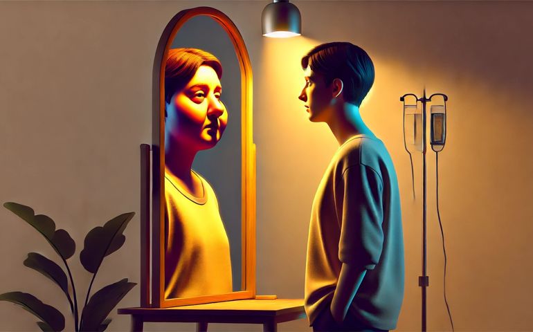 A person stands in front of a mirror, looking at their reflection with concern. The reflection appears visibly different, showing signs of Cushing’s syndrome, including puffiness, fatigue, and a rounder face. The lighting is warm on one side and cooler on the other, symbolizing hormonal imbalance. The background is minimalistic, focusing on emotion and self-recognition rather than clinical imagery.