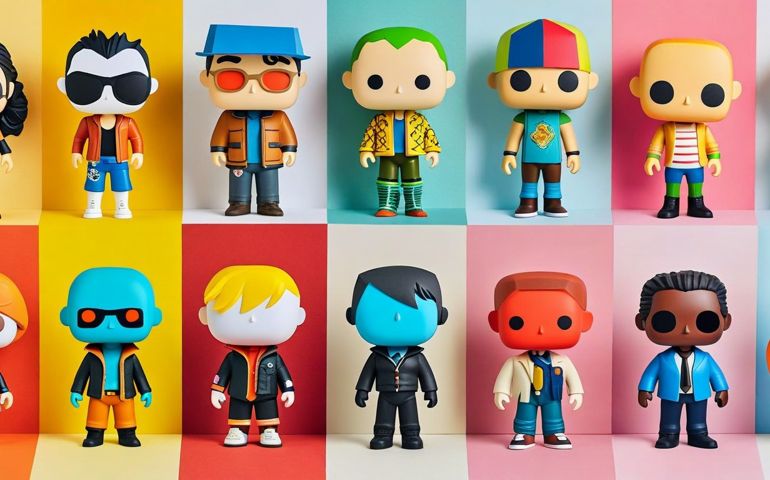 A colorful collection of Funko Pop-style vinyl figurines, each featuring a unique outfit, hairstyle, and accessories. Arranged in a grid pattern against vibrant, multi-colored backgrounds, these stylized characters evoke pop culture influences, with some donning sunglasses, hats, and bold jackets. The display showcases the signature Funko Pop aesthetic—oversized heads, small bodies, and minimal facial details—making them instantly recognizable as collectible figures.