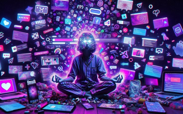 A person in striped pajamas meditates in the center of a neon digital storm, surrounded by glowing screens, floating icons, and chaotic notifications—visually representing the concept of “brainrot” as digital overload and cultural hyper-immersion.