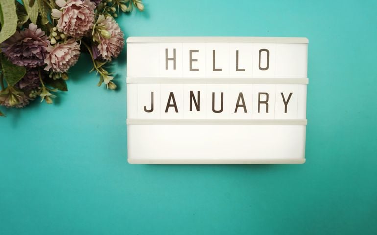 A lightbox with “Hello January” spelled out, set against a teal background and flowers—inviting a fresh start while hinting at January’s deeper legacy of revolutions, iconic debuts, and transformative winter traditions.