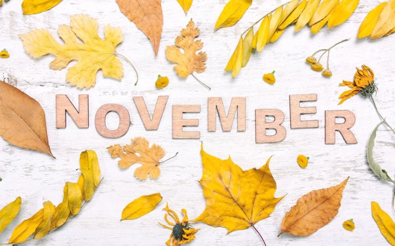 Wooden letters spelling “November” rest on a rustic white background, surrounded by scattered yellow and brown autumn leaves—capturing a month known for remembrance, gratitude, and overlooked moments between fall and the holidays.