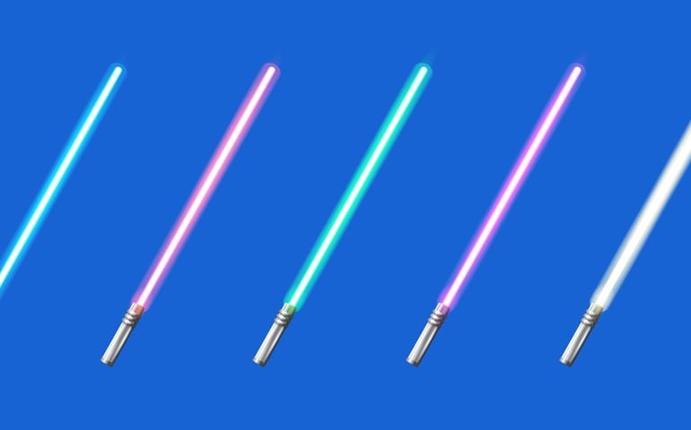 Five lightsabers in blue, red, green, purple, and white float against a blue background, each glowing vividly—inviting you to discover which color matches your inner alignment in this personality quiz.