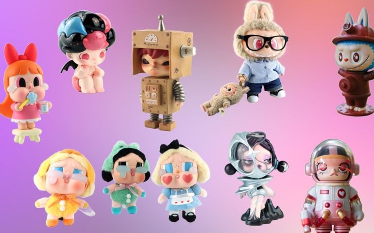 Ten Pop Mart figures in playful, surreal styles—robotic, animal, and human characters—each with distinct expressions and bold designs, capturing vibes from mischievous to mysterious. A pastel backdrop hints at the quiz’s focus on identifying your vinyl alter ego.